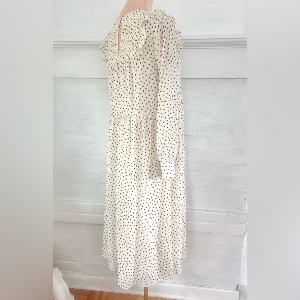 Madewell Smocked Ruffle-Shoulder Midi Dress Inkbrush Dots Cream Black Polka Dot - Picture 4 of 13
